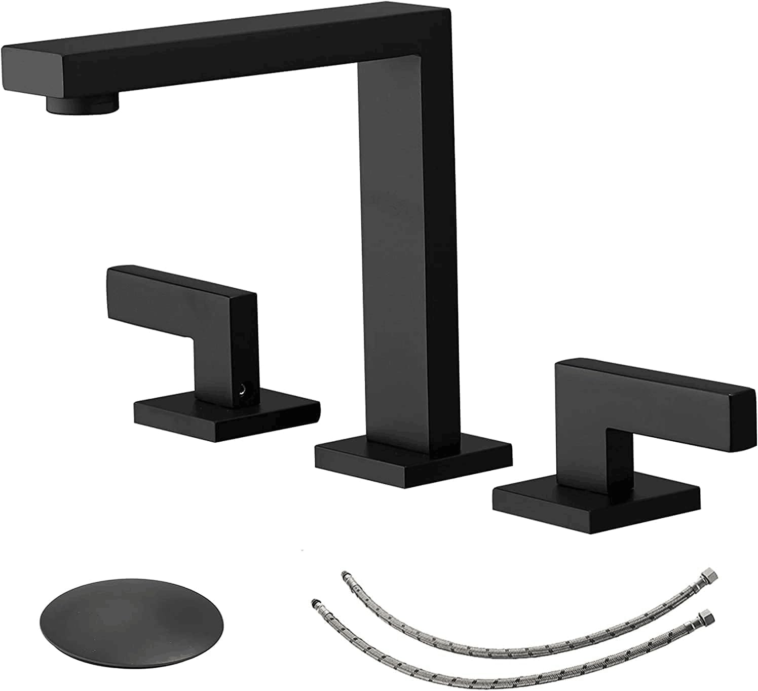 BWE 8 Inch Widespread Bathroom Faucet Matte Black Bathroom Faucets for Sink 3 Hole with Pop Up Drain Assembly and Supply Hose 2-Handle 3 Pieces Brass Modern Vanity Faucets Mixer Tap Commercial