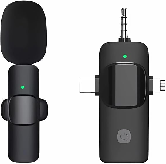 3 in 1 Wireless Lavalier Microphones for iPhone, ipad, Android, Camera, Mini Lapel Mic with Noise Reduction for Video Recording, Interview, YouTube, Live Stream (1 Mic - 3 in 1, Black)