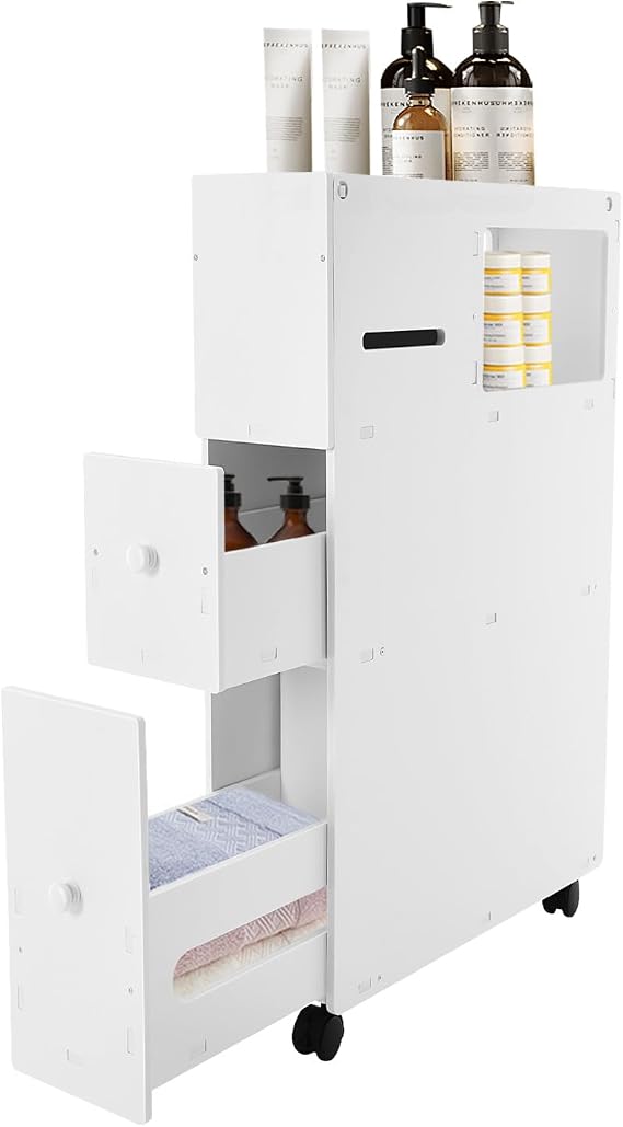 Slim Bathroom Cabinet w/Slide Out 2 Drawers, 6.38" Wide | PVC Free Standing Toilet Paper Holder for Toilet, Laundry, Kitchen for Small Spaces