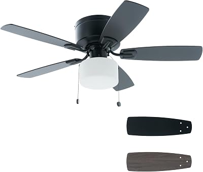 42 Pull Chain Ceiling Fan: Traditional Flush Mount Ceiling Fan with Light - LED Bulb - Dual Finish Blades - Reversible Function for Bedroom - Black