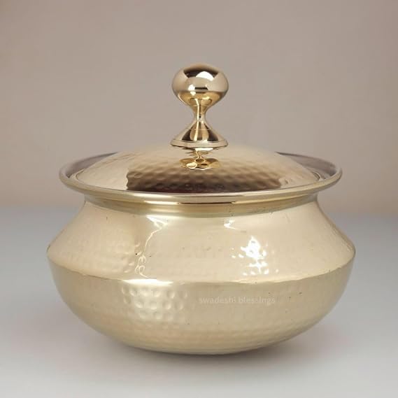 Swadeshi Blessings Exclusive Range Brass Handi Pot for Cooking with Lid/Teflon-Free/Naturally Non-Stick Brass Utensils with Tin Coating (3 litres)