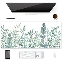 XXL Waterproof Office Desk Pad Protector 35.4x15.7 Inch - Extended Gaming Mouse Pad with Non-Slip Rubber Base, Thickened Keyboard Mat, Stitched Edges & Green Plants Design