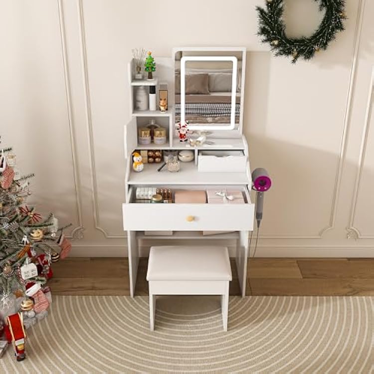 JOYBASE Makeup Vanity Desk with 3-Color LED Mirror & Stool Set, Small Dressing Table for Bedroom with Storage Drawers White