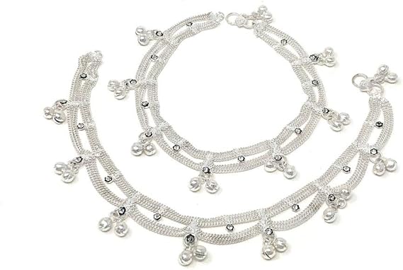 Silver-Finish Womens Payal Anklet Set with Bells and White Stones Curved Edge & Jhanjar Chain Pair, 9.5-Inch & 9.63-Inch, Perfect for Wedding, Beach & Everyday Wear