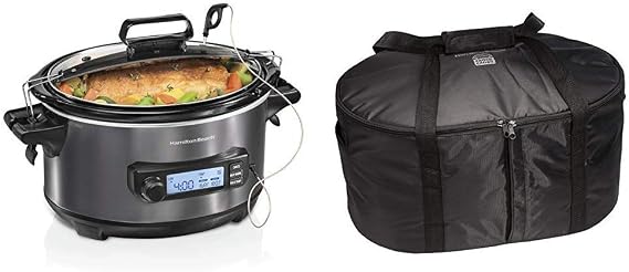 Hamilton Beach Portable 6-Quart Digital Programmable Slow Cooker With Temp Tracking Temperature Probe to Braise, (33866) and Hamilton Beach Travel Case & Carrier Insulated Bag (33002),Black