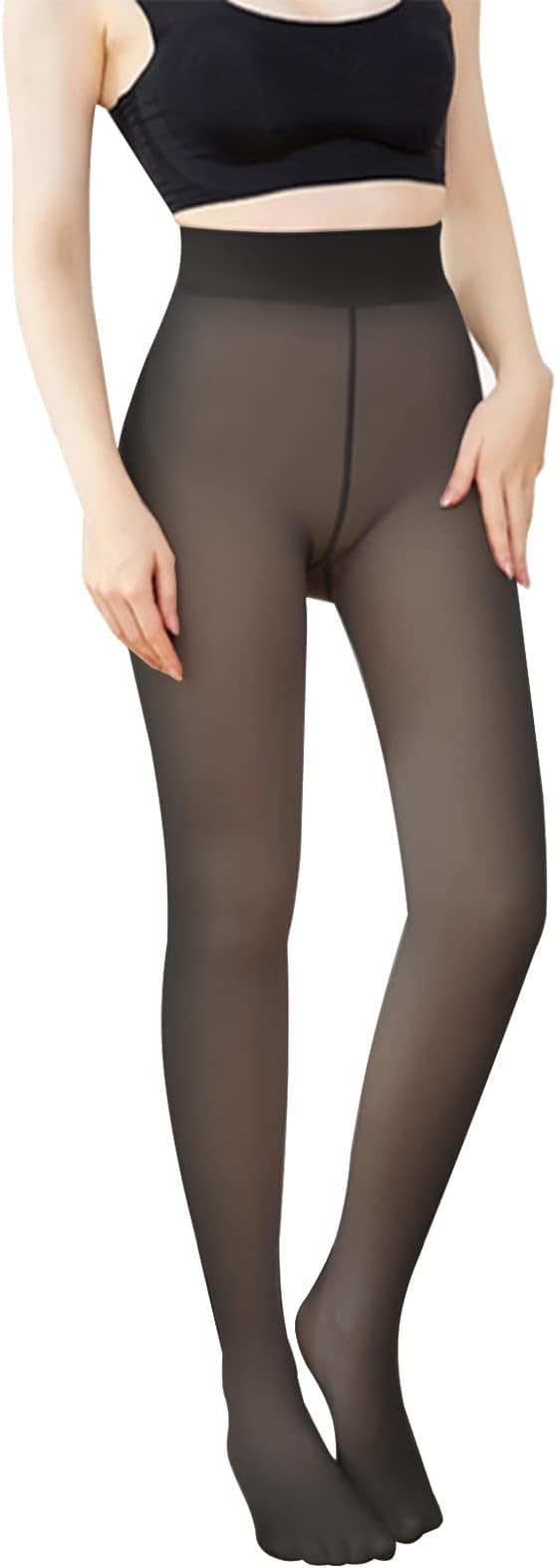 AMOVO Women's Winter Tights Fleece Lined Pantyhose Opaque Warm Sheer Tights Thicken Fake Translucent Tights Control Top