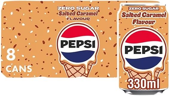 Pepsi Cola Carbonated Soft Drink Cans Pack of 8 (330 ml Each) | Classic Refreshing Beverage | Perfect for Sharing & Celebrations (Pepsi Zero Sugar Salted Caramel Flavour 8 x 330ml)