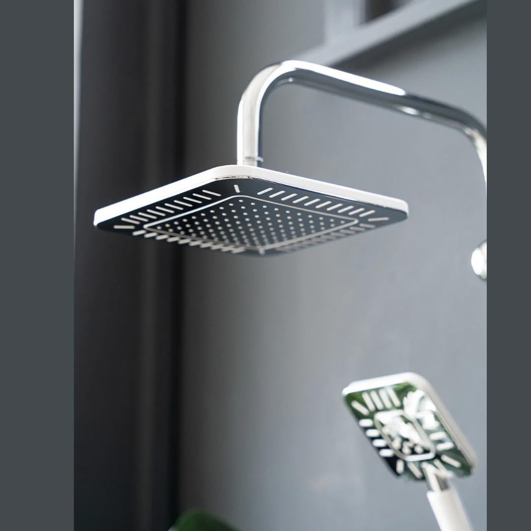 Modern Shower System Set, Top Shower Head and Hand Shower, Brass Router, Stainless Steel, ABS Soap Dispenser (CKCHROM WHITE LABİRENT)
