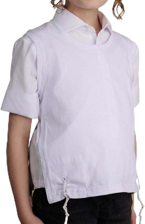 Kids Undershirt Tzitzis Round Neck with Meyuchad Strings, Tzitzit Undergarment with 1 Hole Design and Attached Tzitzis