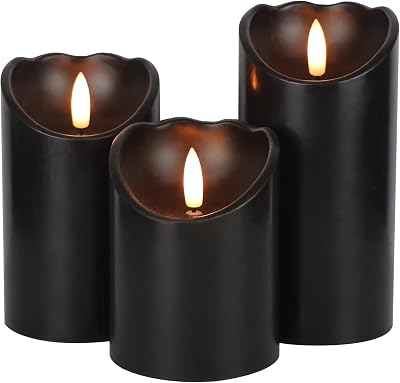 Eldnacele Black Flameless Flickering Candles with 6H Timer, 3D Wick Realistic Battery Operated Real Wax LED Pillar Candles Set of 3 Home Wedding Party Halloween DecorationD3 x H456