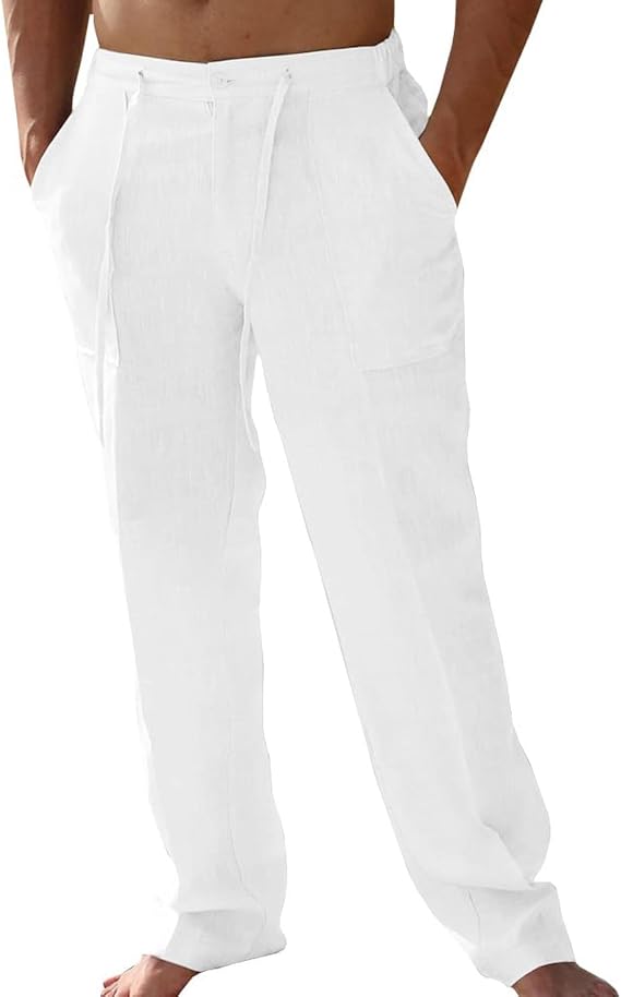 A WATERWANG Men's Casual Linen Pants Summer Beach Cotton Lightweight Pants Loose Fit Drawstring with Pockets