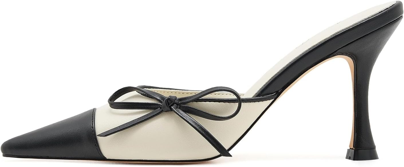 Bows Slingback Heels for Women Vintage Pointed Toe Patchwork Kitten Heels Backless Stiletto Heel Mules Sandals