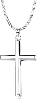 MILACOLATO Solid 925 Sterling Silver Cross Necklace for Men Women, 2mm Durable Diamond-Cut Sterling Silver Chain with Beveled Edge Cross Pendant, Mens Silver Gold Crucifix Pendant Necklace Jewelry 16-24 Inches Mothers Fathers Day Jewelry Gifts