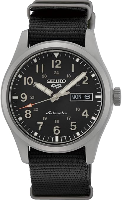 SEIKO SRPG37 Watch for Men - 5 Sports - Automatic with Manual Winding Movement, Black Dial, Stainless Steel Case, Black Nylon Strap, 100m Water Resistant, and Day/Date Display