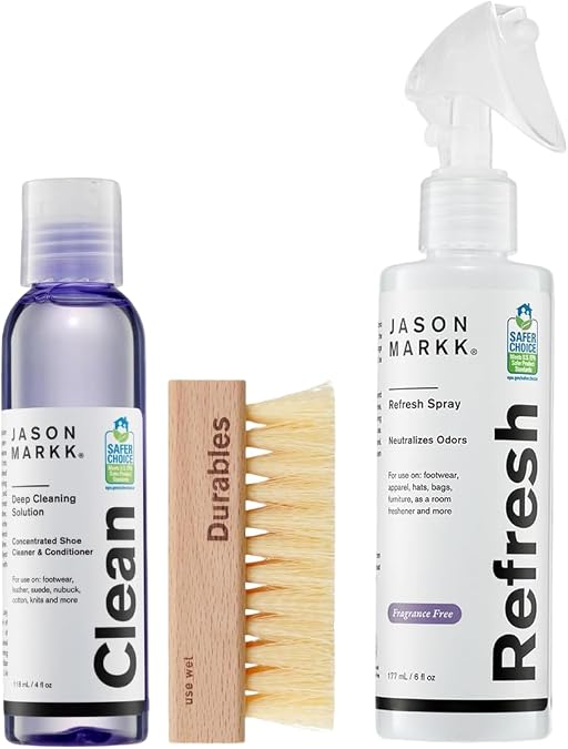 Jason Markk Essential Shoe Care Bundle - Essential Kit (4oz Deep Cleaning Solution & Durables Brush) & Refresh Spray (6oz), Sneaker Cleaner & Odor Eliminator for Shoes, Hats, Bags & Accessories
