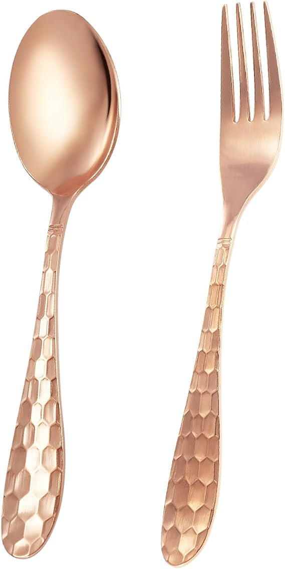 Copper Spoons & Forks Set - 99% Pure Copper - Heavy Duty Kitchen & Salad Hammered Forks - Elegant Cutlery For Restaurant, Home Dining