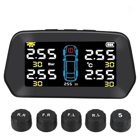 Smart Solar TPMS Tyre Pressure Monitoring System Tools Tire Guard Pressure Monitor USB/Solar Charging 6 Alarm Modes, Auto Sleep Mode, Tire Position Exchange, 5-External Sensors (0-116PSI)
