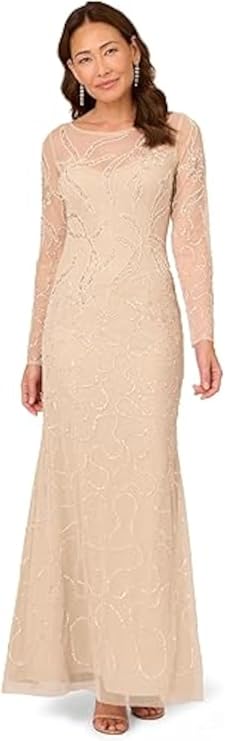 Adrianna Papell Women's Beaded Long Sleeve Gown Special Occasion Dress (Pack of 1)