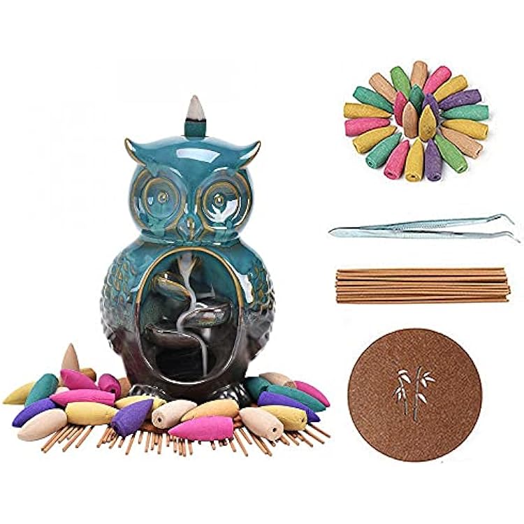 Backflow Incense Burner Holder Owl Shape Waterfall Porcelain Incense Holder Home Decor with Incense Cone Sticks Holder Incense Sticks Backflow Incense Cones Mat Tweezer Gift Set