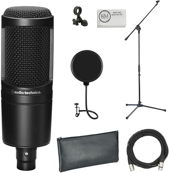 Audio-Technica AT2020 Cardioid Condenser Microphone Bundle with Pop Filter + XLR Cable + Microphone Stand + Microfiber Cleaning Cloth (5 Items)