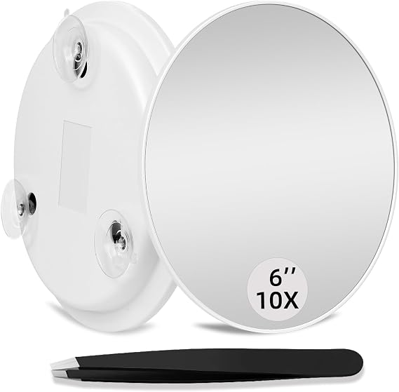 10X Makeup Magnifying Mirror, Round 6inch Travel Magnified Mirror with 3 Suction Cups Mounting, 10X Handheld Travel Magnification and Tweezers Kit, Use for Blackhead/Blemish Removal
