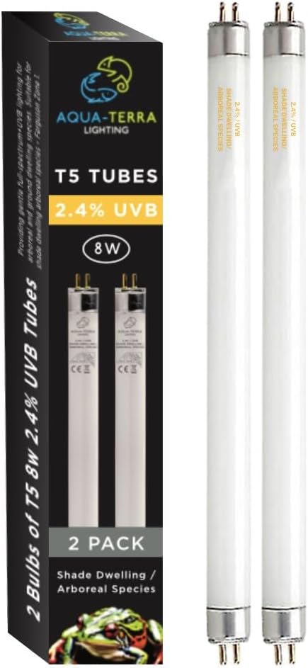 2.4% UVB T5 Tube 8 Watt Lamp. for Shade Dwelling/Arboreal Species in Ferguson Zones 1-2. 8w Bulb Provides Full Spectrum+UVB Lighting - Replace Every 12 Months - Pack of 2 Bulbs. [Energy Class A]
