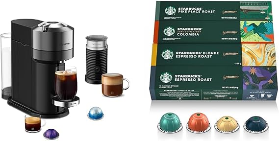 Nespresso Vertuo Next Deluxe Coffee and Espresso Maker by Breville with Aeroccino Milk Frother, Dark Chrome + Starbucks Capsules