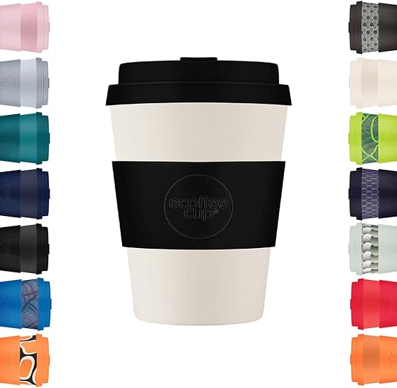 Ecoffee Cup 12oz (350ml) Reusable Coffee Cup PLA Plant-Based Travel Mug with Silicone Lid, Melamine Free & Dishwasher Safe Black Nature