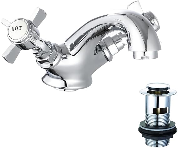 Veebath Traditional Mono Basin Mixer Tap with Pop-Up, Deck Mounted Dual Cross Head Tap, Victorian Basin Tap, Traditional Bathroom Sink Taps Waste-Chrome G1/2”