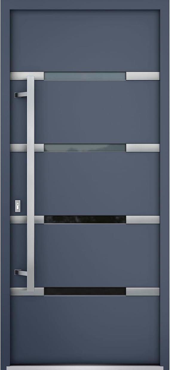 VDOMDOORS Front Exterior Prehung Steel Door/Deux 1105 Gray Graphite/Stainless Inserts Single Modern Painted-W36 x H80-Right-hand Inswing