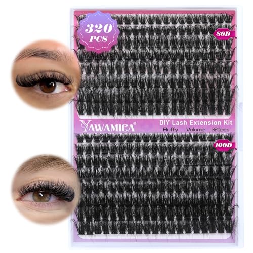 Fluffier Volume Lash Clusters 320pcs DIY Lash Extension 10-20mm D Curly Eyelash Clusters 80D100D Wispy Individual Lashes Cluster Eyelash Extensions DIY Lash at Home by Yawamica