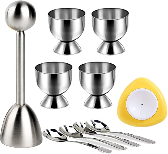 10 Pcs Egg Cups for Soft Boiled Eggs, Jawbush Egg Cracker Topper Set for Raw Hard Boiled Eggs, 4X Egg Spoons, 4X Egg Cups, 1x Magnet Egg Piercer, 1x Stainless Steel Egg Topper Egg Guillotine
