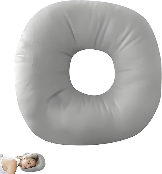 1 PC Ear Piercing Pillows, Donut Pillow for Ear Pillow with Hole for Ears Doughnut Pillows for Side Sleepers Classroom Office Library Airplane (Light Grey)