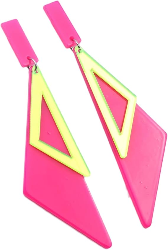 COLORFUL BLING Double Triangle Long Dangle Drop Earrings for Women Acrylic Geometric Pink Statement Earrings Fluorescent Bold Jewelry Gifts for Women Men Friend