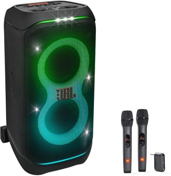 JBL PARTYBOX Stage 320 Portable Party Speaker Bundle with 2 Wireless Microphones (Black)