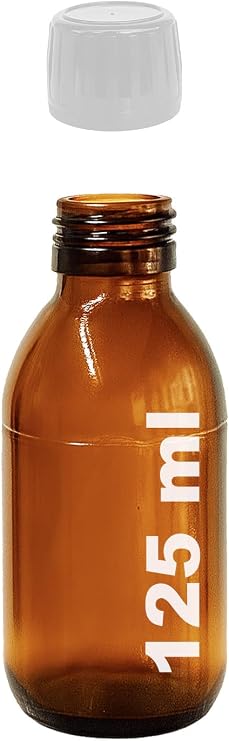 Afracam Amber Ecza Şişesi, 125 ml, Kahverengi Cam, Plastik Contalı Kilit Kapak, Hava ve Sıvı Sızdırmaz, 28mm Ağız Çaplı, Parfüm Demlemek İçin Uygun, 1 Adet (125 ml, Beyaz Kapak)