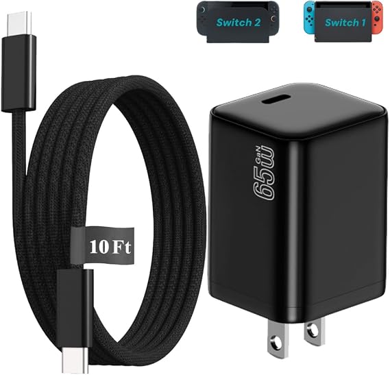 EGK 10FT Charger for Nintendo Switch (All Series), 65W AC Power Adapter Fast Charging Cable for Switch 1/2 Dock TV Mode, for Steam Deck, for ROG Ally and More