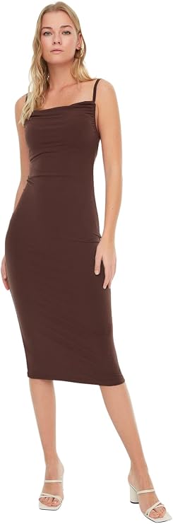 Trendyol Women's Square Collar Standard Brown Dress