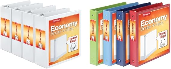 Cardinal Economy 3 Ring Binders Bundle, 3 Inch Holds 625 Sheets & 1.5 Inch Holds 350 Sheets, 4 Packs Each, Assorted Colors, Presentation View