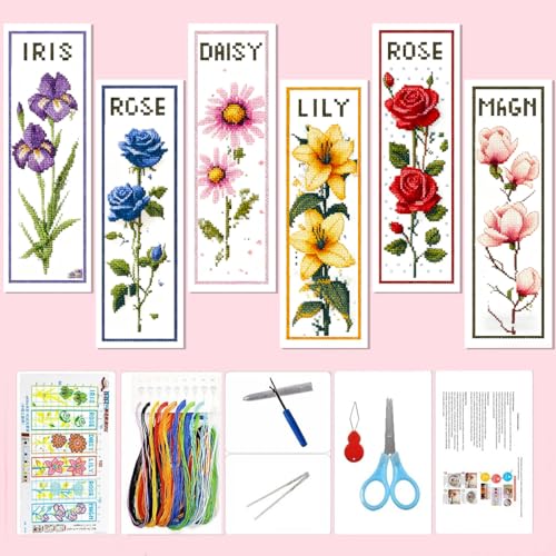 Zhenqing 6-Pack Floral Cross Stitch Bookmark Kit 11CT 11x18.5in Aida Cloth, 6x20cm Pre-Printed Designs, Thread, Tools & Guide DIY Botanical Bookmarks for Crafters 69595