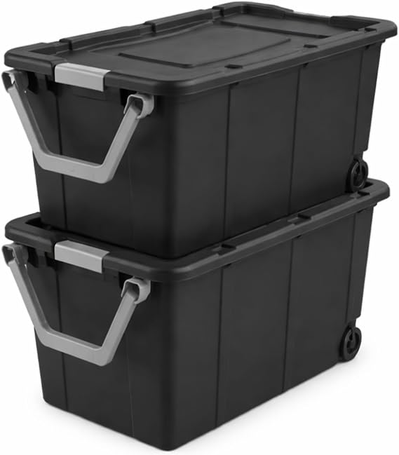 40-gallon wheeled industrial-grade storage container, a sturdy and durable plastic storage box with a locking lid, dark gray, 2-pack.