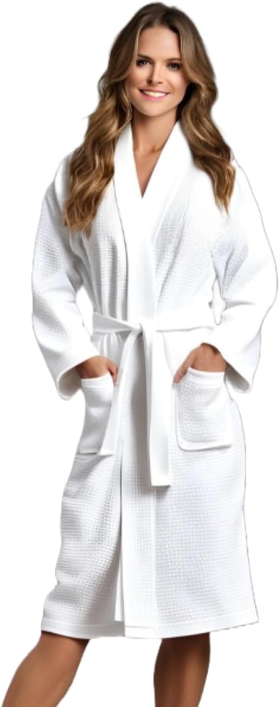 Turkish Cotton Blend Waffle Unisex Bathrobe Sauna Turkish Bath Spa Robe, Athena (White) Large-One Size