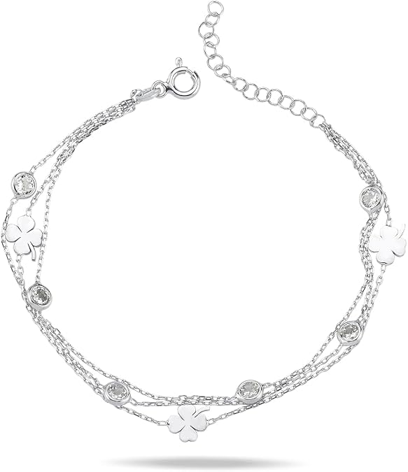 NEREZE 925 Sterling Silver 3 Row Chain Zircon Stone Clover Bracelet
