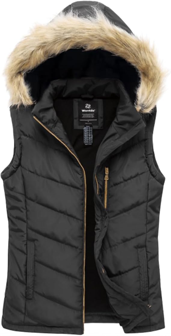 wantdo Women's Thicken Winter Vest Warm Puffer Vest with Removable Fur Hood