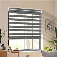 No Drill No Tools Cordless Zebra Blinds Dual Layer Sheer Roller Shades for Window Custom Size Blackout Privacy Window Blinds and Shades for Room Darkness, 21" W x 52" H, 95% Darkness Dark Grey