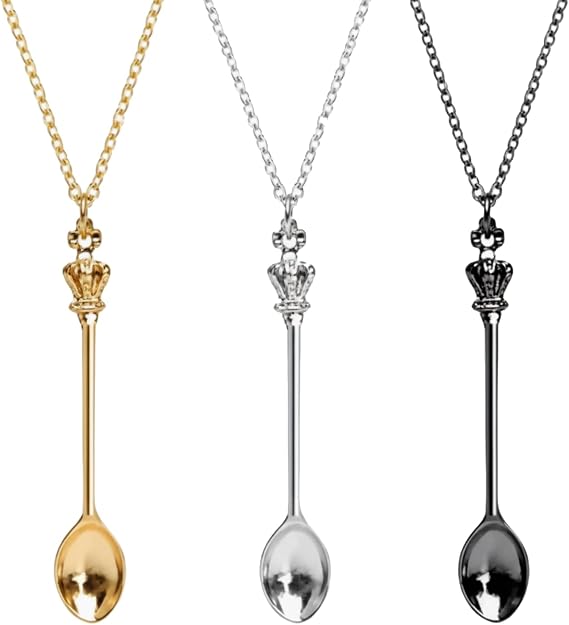 3 Pcs Spoon Necklace, Tiny Mini Spoon Necklace, Dangle SpoonNecklace, Hidden SpoonNecklace Silver SpoonPendant ScoopNecklace Charm Set for Gift Box for Women Girls
