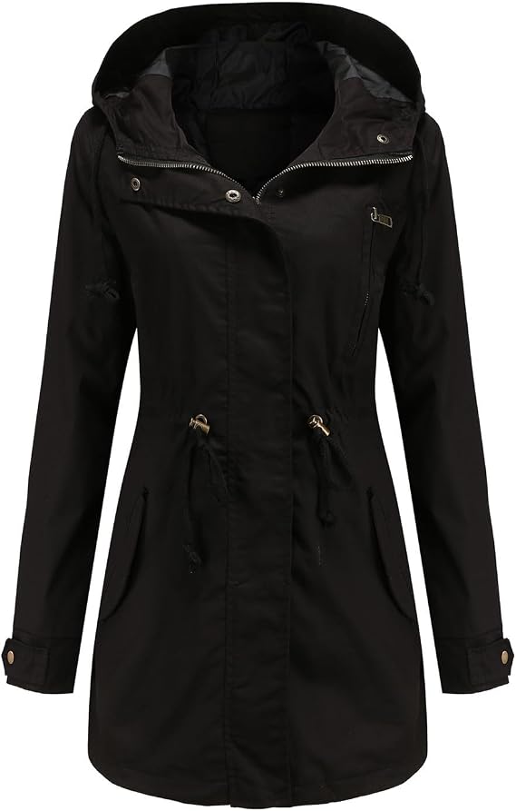 Womens Rain Jacket with Hood Zip up Long Sleeve Waterproof Raincoats Outdoor Hiking Travel Lightweight Trench Coats