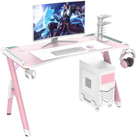 Bestier Gaming Desk with LED Light for Ergonomic PC Y-Shaped Computer Workstation Sturdy Metal and Wood Office Pink