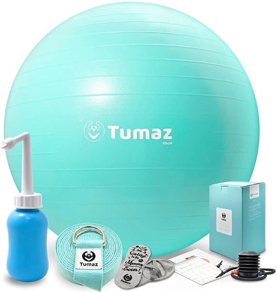 Tumaz Birth Ball for Pregnancy & Labor, Exercise Ball with Pump | Includes yoga strap, peri bottle, non-slip socks & instruction poster for a complete birth ball set