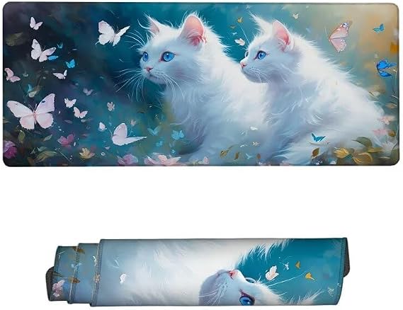Mouse Pad White Desk Mat, Mousepad Cat Gaming Mouse Pad, Extended Desk Pad with Stitched Edges, Non-Slip Rubber Base Mouse Pads, Computer Mouse Pad, Office Decor for Women, Gifts 35.4x11.8 inch Ry-219